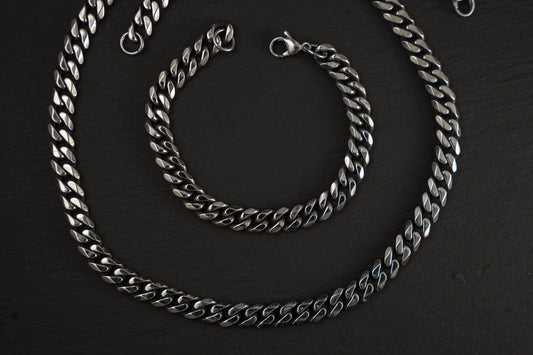 Set de Acero Cadena y Brazalete Cubano Dark Oil 9 mm de grosor