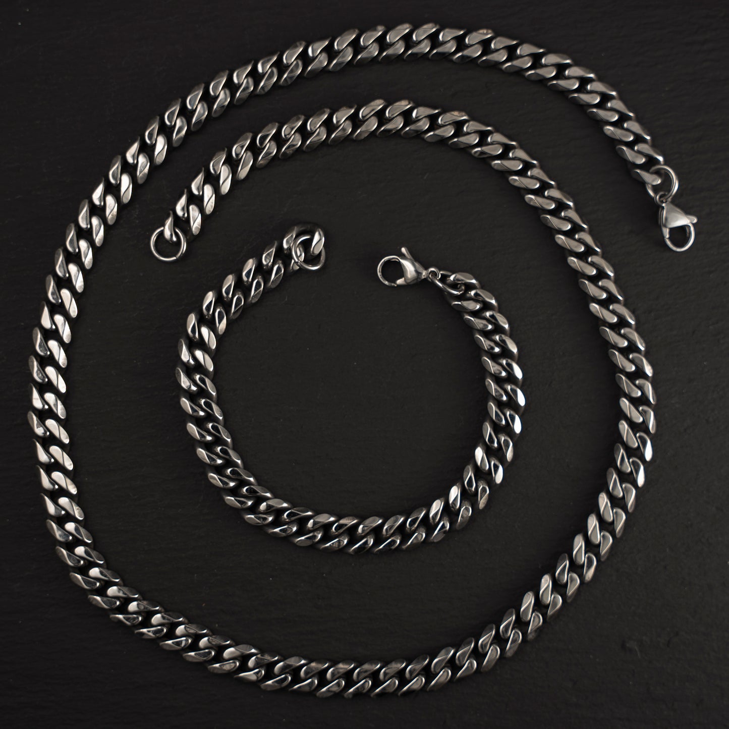 Set de Acero Cadena y Brazalete Cubano Dark Oil 9 mm de grosor