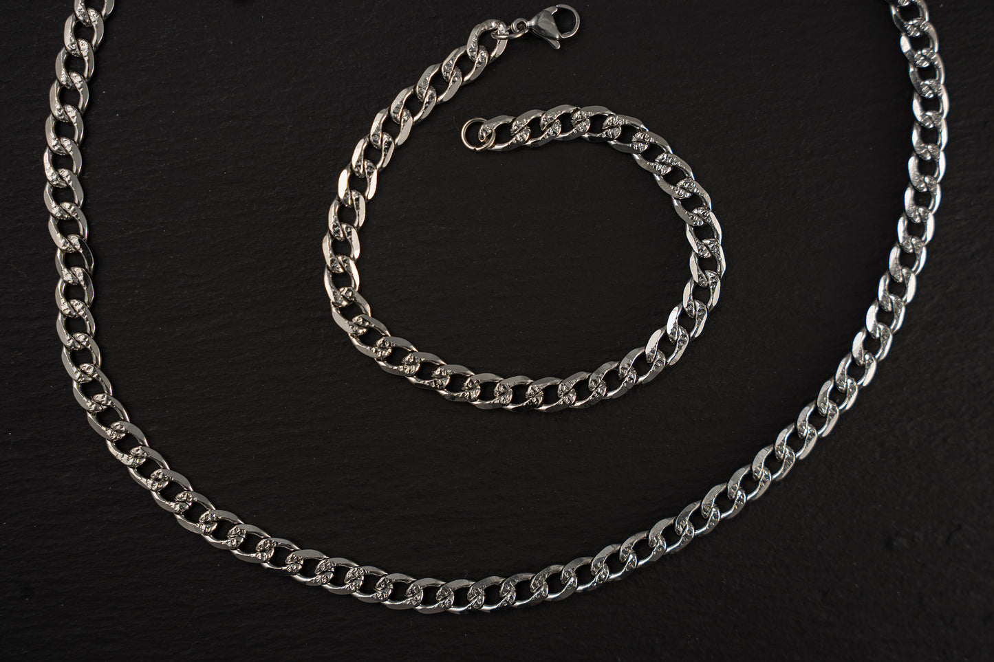 Set de acero Cadena Cubana plateado brillante